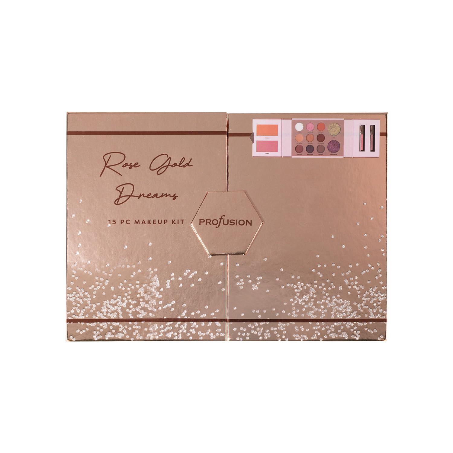 Profusion Cosmetics Profusion Cosmetics Rose Gold Dreams 15 PC Makeup Kit, Velvety Smooth Matte and Glitter Eyeshadows, Vibrant Blush and 2 Lipgloss for Glamorous Looks