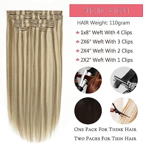 Loxxy Loxxy Glam Seamless Clip in Hair Extensions Double Thin PU Weft 100% Remy Hair Extensions Clip in Human Hair 20Inch Piano Light Brown Mixed With Platinum Blonde #P8/60 110Gram 7PCS Full Head