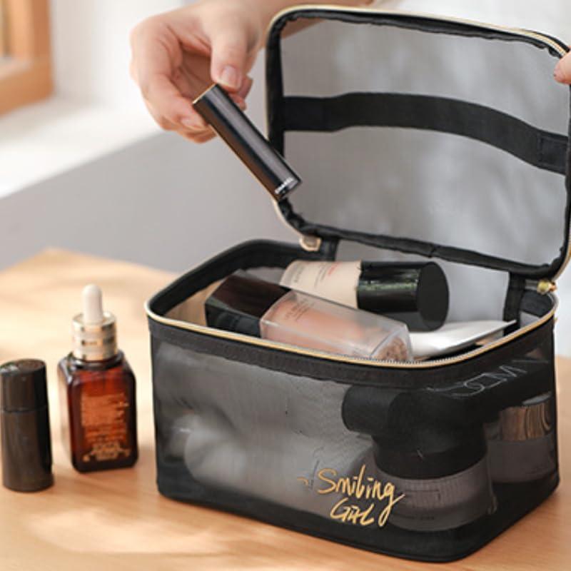 Fublazeze Fublazeze 1 Unit Black Mesh Makeup Bag, Small to Large Sizes, Zipper Pouch Ideal for Offices & Travel, Storage Bags, Toiletries Keeper, Cosmetic Caddy