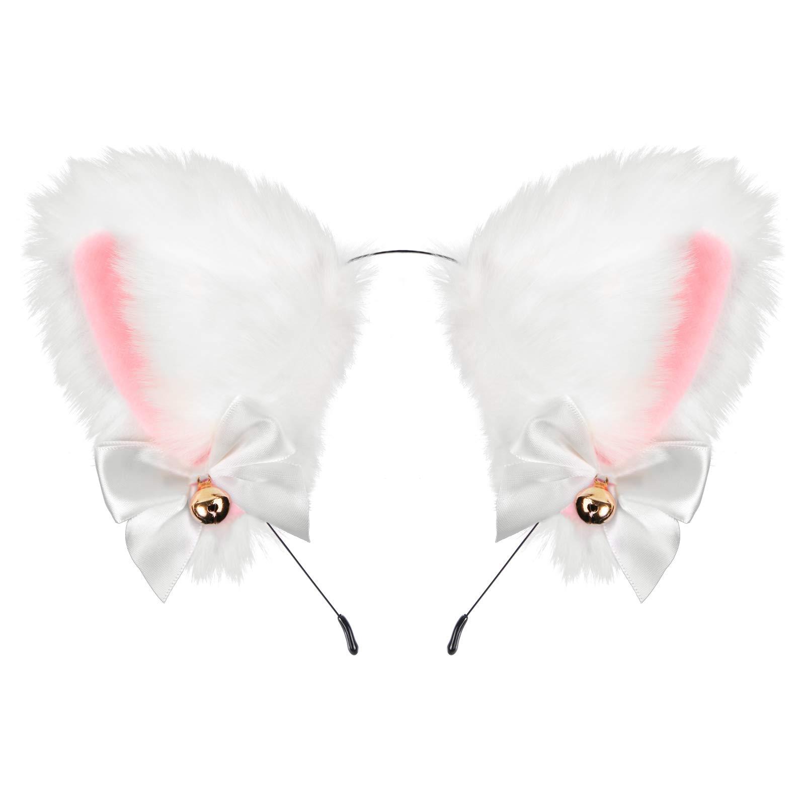 EVERMARKET Faux Furry Anime Faux Fur Fox Ear Headband with Bells, Plush Neko Cosplay Accessory for Halloween Costume Party Fancy Dress (White-Pink)
