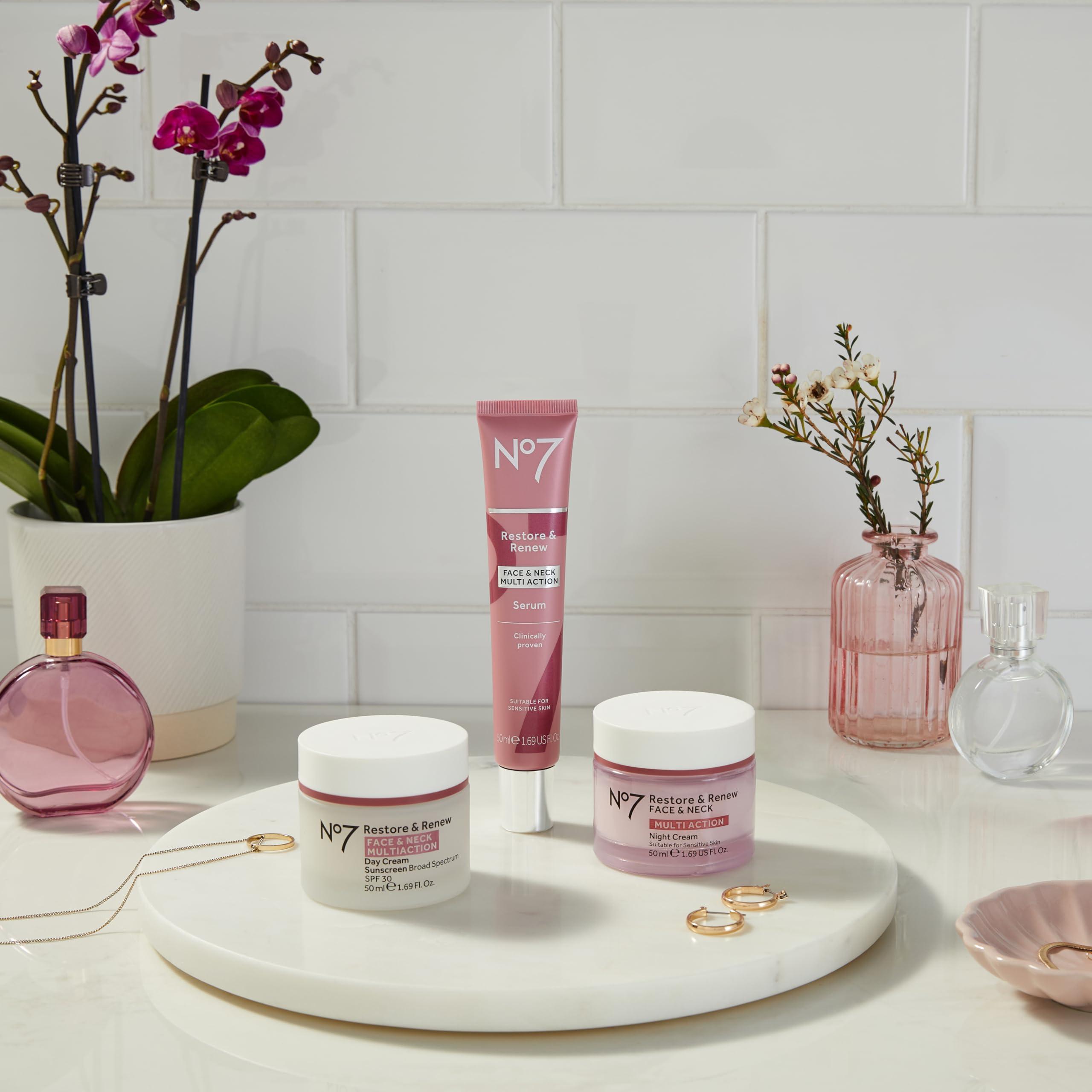 No7 No7 Restore & Renew Multi-Action Face & Neck Serum - Anti Aging Face Serum for Women with Deep Wrinkle Repair - Collagen Infused with Hydrating Hibiscus Peptides & Hyaluronic Acid (0.5 Fl Oz)