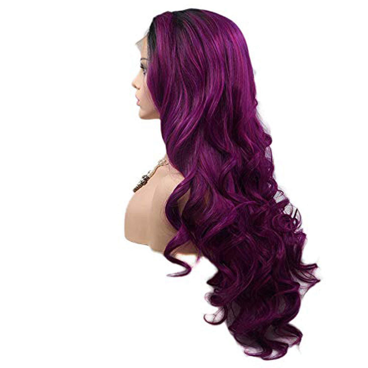 Karissa Hair Purple Lace Front Wigs for Women Body Wave Long Synthetic Realistic Hair Wig with Black Roots Glueless Hair Replacement Wigs 24 Inch