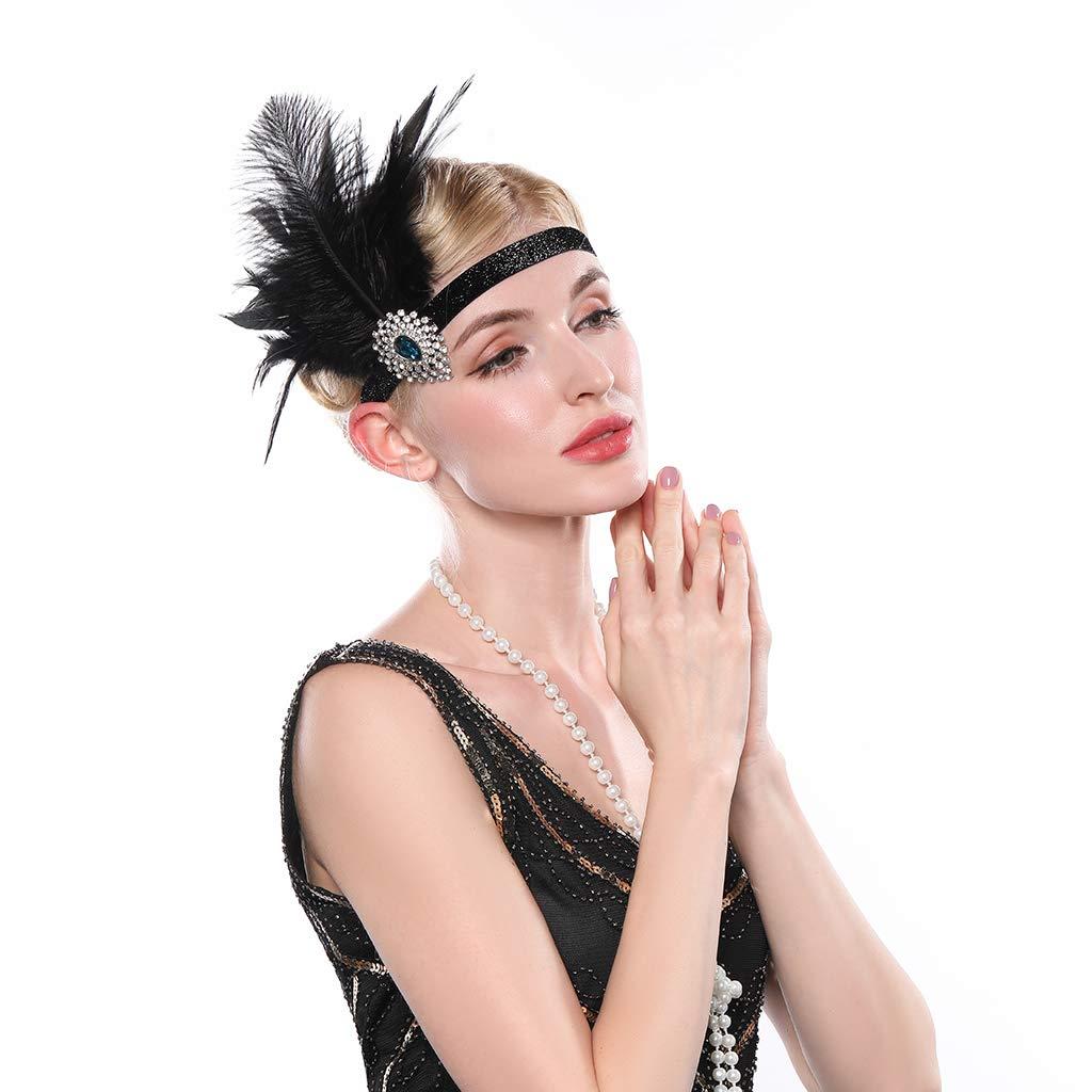 Aimimier Aimimier 1920s Flapper Feather Headband Black Sapphire Crystal Headpiece with Sequins Elastic Band Prom Party Festival Hair Jewelry for Women