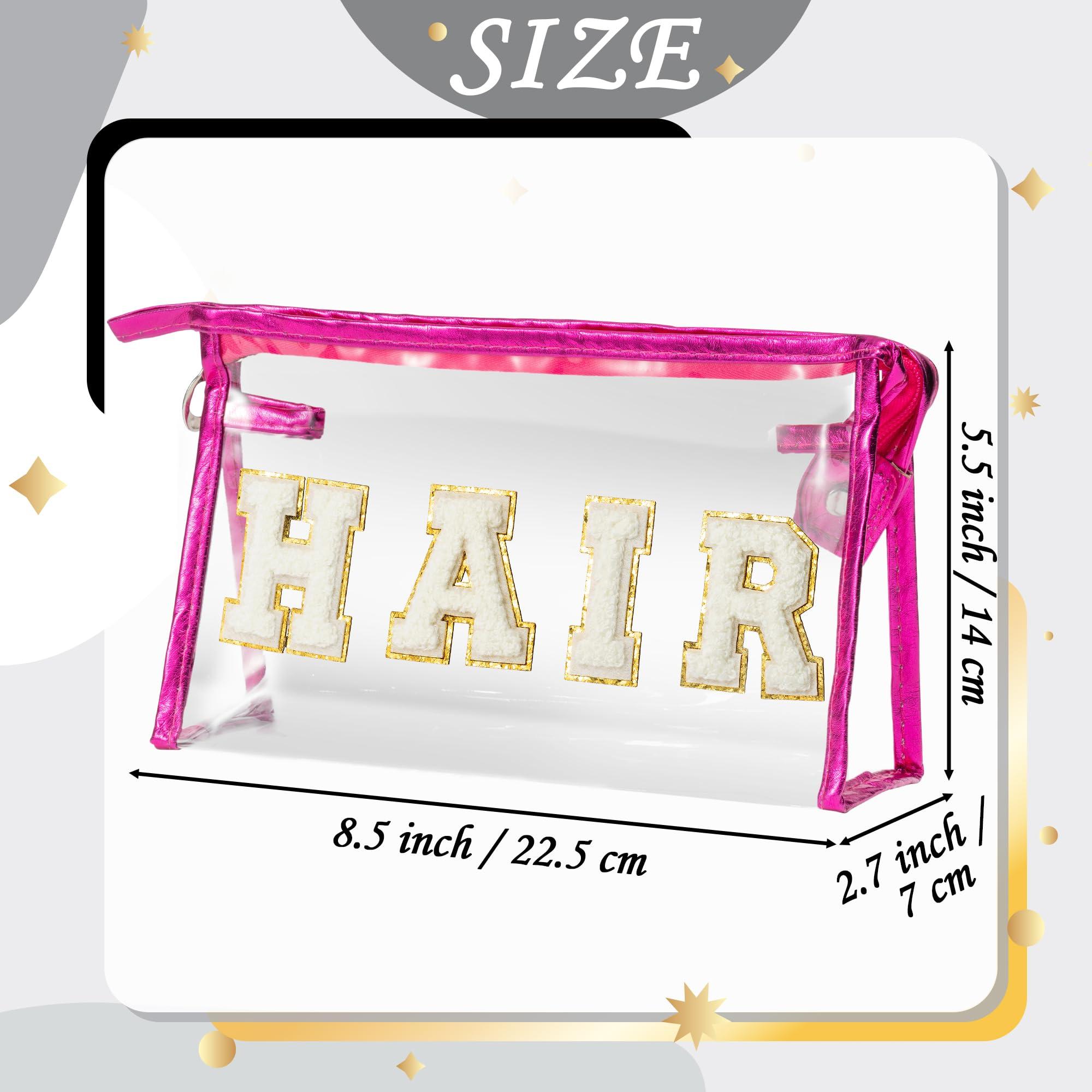 Y1tvei Y1tvei Clear HAIR Makeup Bag - Preppy Patch White Chenille Varsity Letter Cosmetic Bag Transparent PVC Zipper Waterproof Portable Beach Travel Storage Pouch Toiletry Organizer for Women(Rose Red)