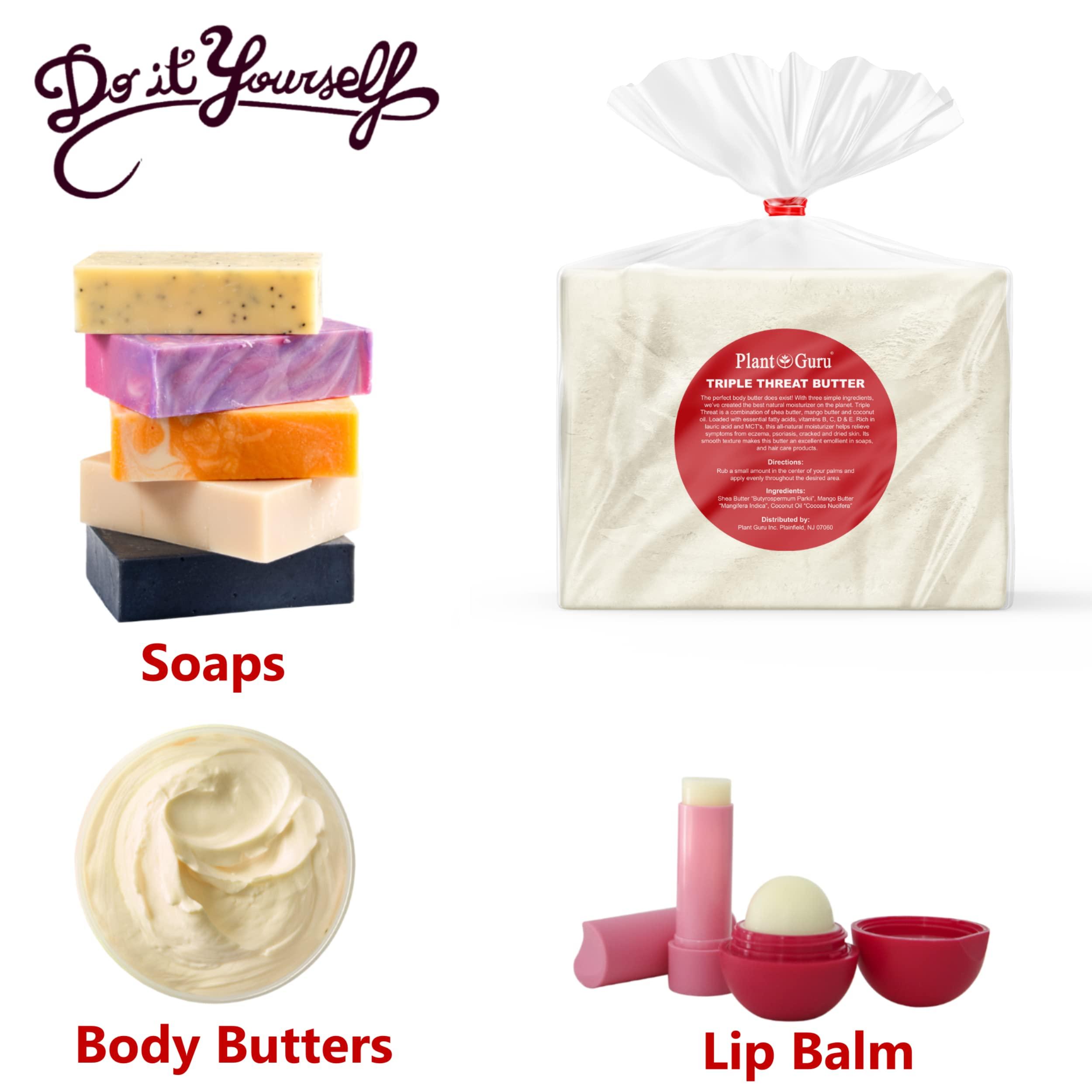 Plant Guru Triple Threat Body Butter 14 oz. - Blend of Shea, Mango & Coconut Oil - 100% Pure Natural Raw Unrefined Moisturizer For Dry Skin, Face And Hair. Great For Lip Balm and Soap Making