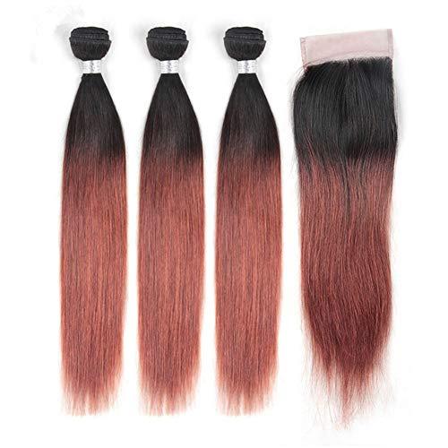 Tony beauty hair Tony Beauty Hair Black to Dark Auburn Ombre Peruvian Human Hair Bundles with Closure Straight #1B/33 Copper Red Ombre 3 Bundles with 4x4 Lace Closure Ombre Reddish Brown Weave Wefts (14 14 14+14)