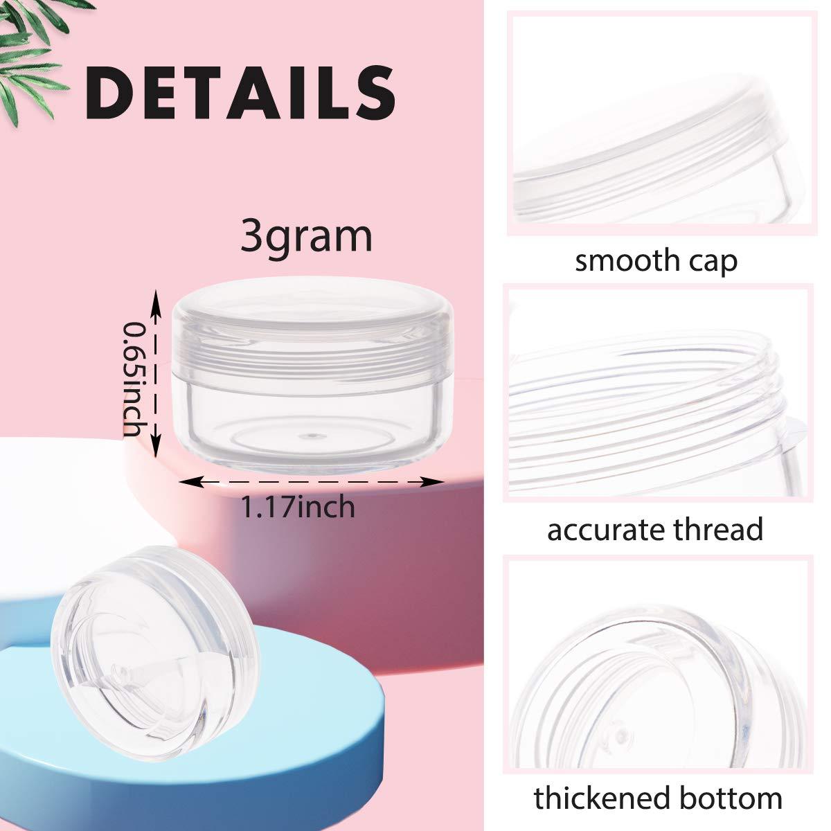 ZIZEMOJA 100 Pack 3 Gram Sample Containers with Lids, 3ml Mini Sample Jars, Tiny Plastic Cosmetic Containers for Lip Balms, Makeup, Lotion, Eye Shadow, Powder, and Lip Balms (Clear Lids)