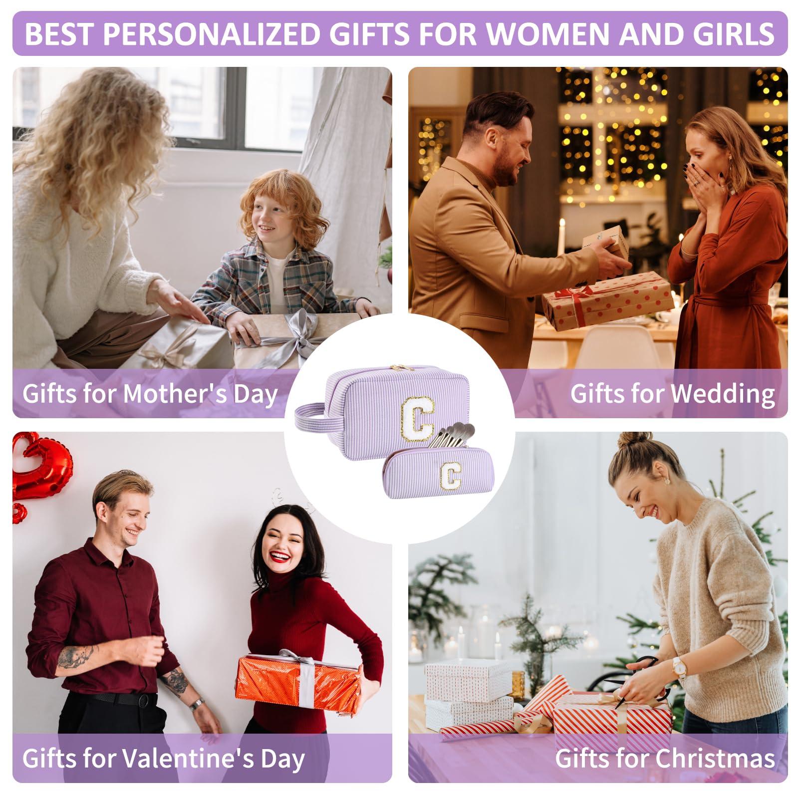 Huifen Huifen 2pcs Personalized Initial Makeup Bag A-Z, Travel Toiletry Bag Preppy Make Up Bags Girls Cute Cosmetic Pouch Makeup Organizer Wedding Birthday Mothers Day Gifts for Women (Purple, J)