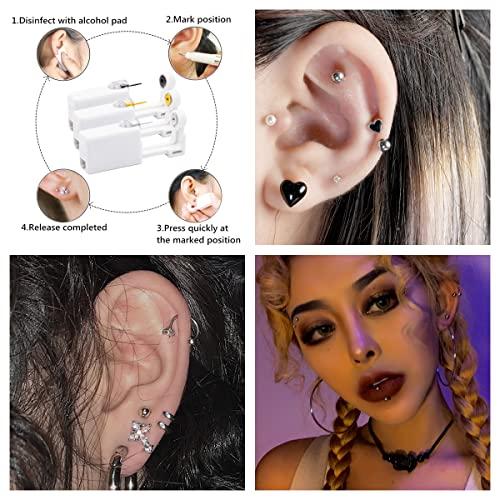 psaakon Self Ear Piercing Kits – 2 Pack Self Ear Piercing Gun, Disposable Ear Pearcings Kit with 3mm Silver Black Gold Ball Earring Studs,Safety Ear Piercing Gun Kit Tool (Black)