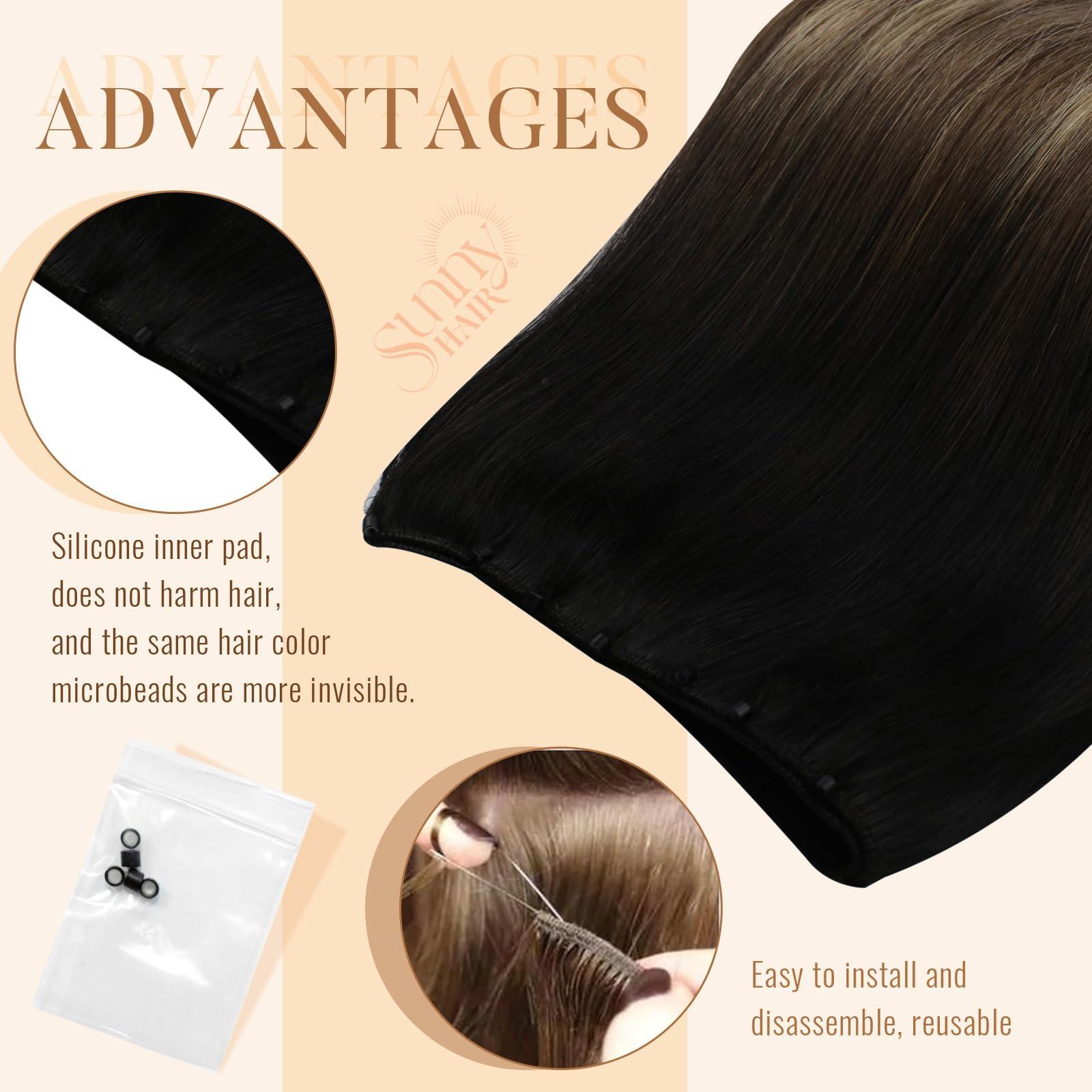 Sunny Hair Sunny Hair Beaded Weft Hair Extensions Human Hair 50G Micro Bead Weft Hair Extensions Real Human Hair Straight Weft Hair Extensions Easy Weft Natural Black to Dark Brown with Caramel Blonde 18inch