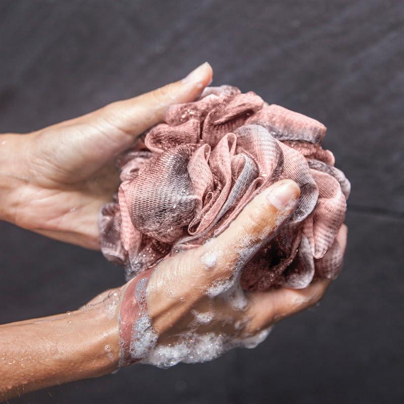 toem Toem Loofah Back Scrubber for Shower | Bamboo Charcoal Fiber Infused | Loufas for Men & Women | Includes 1 Long Handled Shower Sponge, 1 Bath & Shower Luffa Pouf & 1 Hook to Hang Stuff (Rose Pink)