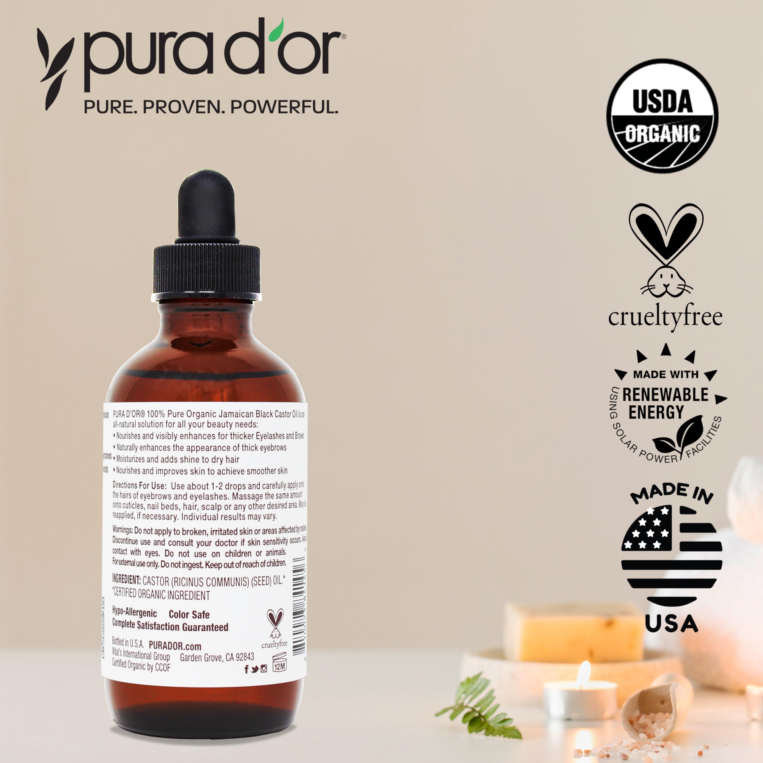 PURA D\'OR PURA D\'OR 4 Oz ORGANIC Jamaican Black Castor Oil - Natural Smoky Scent - w/ 2 BONUS Empty Brushes - 100% Pure USDA Certified Cold Pressed & Roasted, Hexane Free Eyelash & Eyebrow Serum