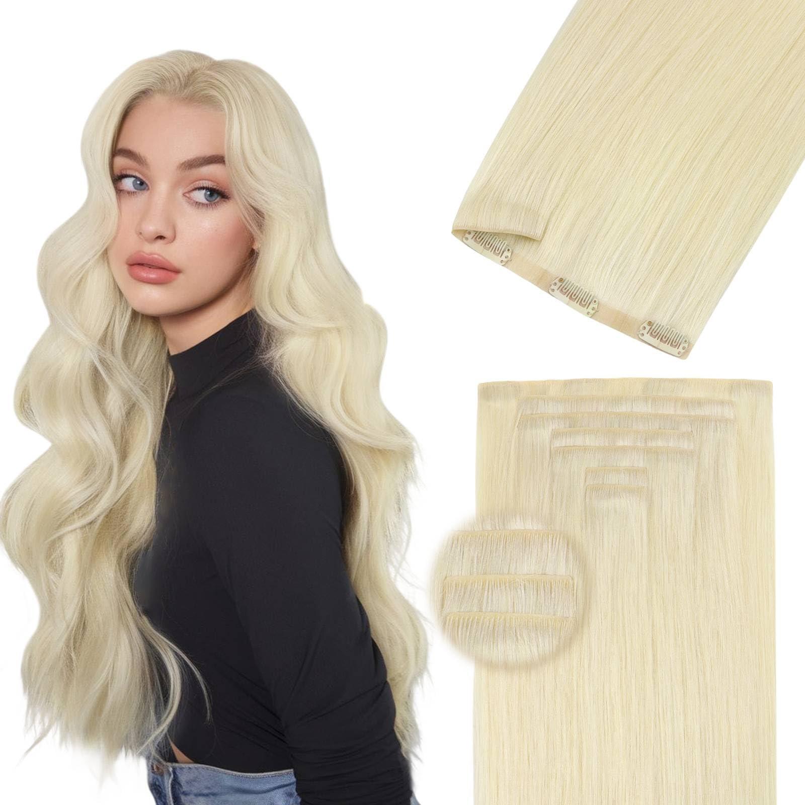 DOORES DOORES Clip in Hair Extensions Human Hair 18 inch 110g 7pcs, Platinum Blonde Virgin Human Hair Clip in Extensions, Invisi Edge Clip in, Silky Straight Human Hair Extensions for Women