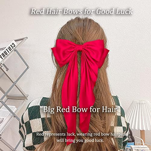DIKEWEN Red Hair Bow - 5PCS Hair Bows for Women Big Red Bow for Hair Oversized Ribbon Bowknot Hairclip Soft Silky Satin Hair Bow Long Tail Hair Bows Clips French Barrette Hair Accessories Gift for Women Girls