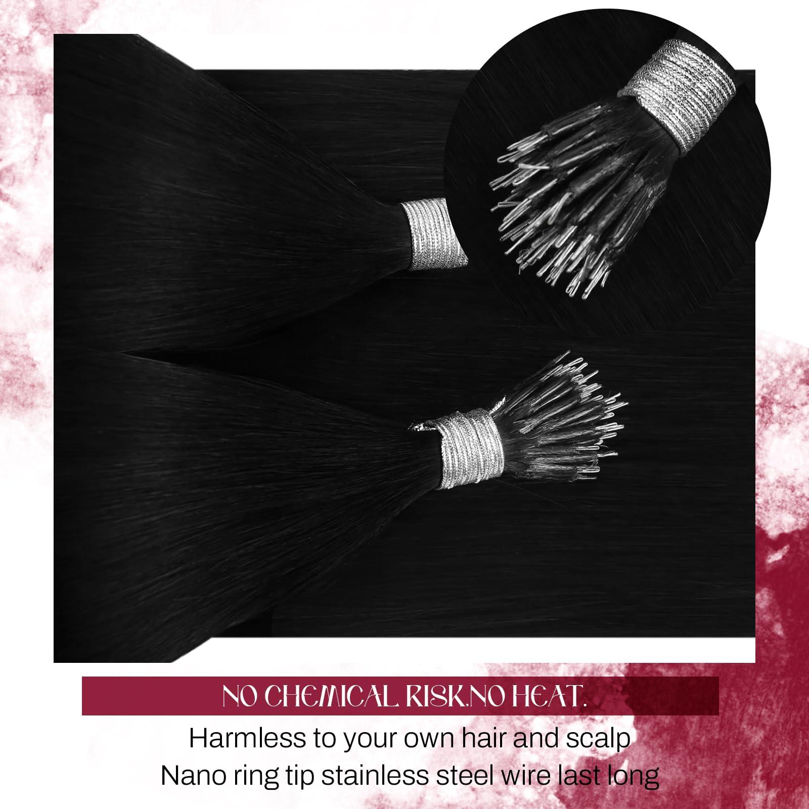 Vivien Vivien 24 Inch Nano Bead Hair Extensions Real Human Hair Jet Black Nano Extensions Human Hair Black Invisible Long Human Hair 50G/50S