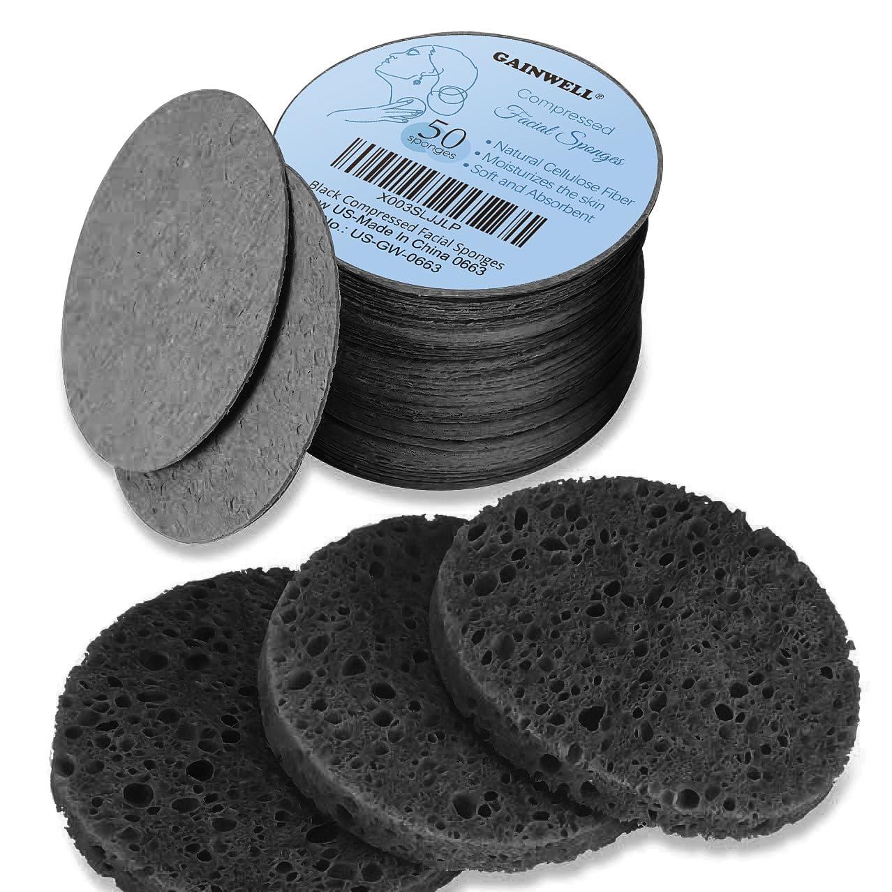 GAINWELL GAINWELL 50-Count Black Compressed Facial Sponges for Daily Facial Cleansing and Exfoliating, 100 Natural Cosmetic Spa Sponges for Makeup Remover, Reusable