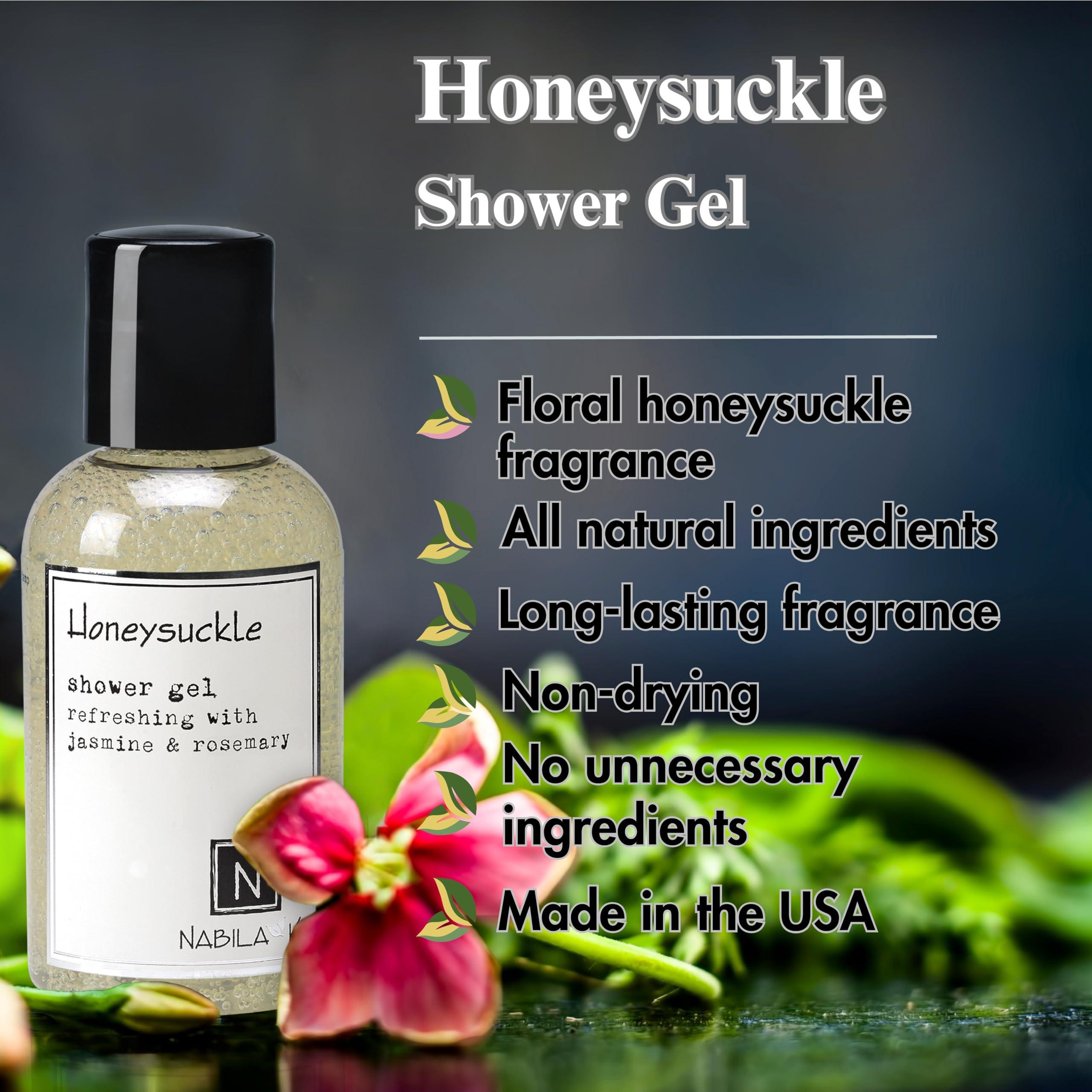 Nabila K Nabila K Honeysuckle Shower Gel, Travel Size Refreshing Body Wash with Jasmine & Rosemary, 2 oz - Naturally Derived, Sulfate-Free, Paraben-Free - Made in the USA
