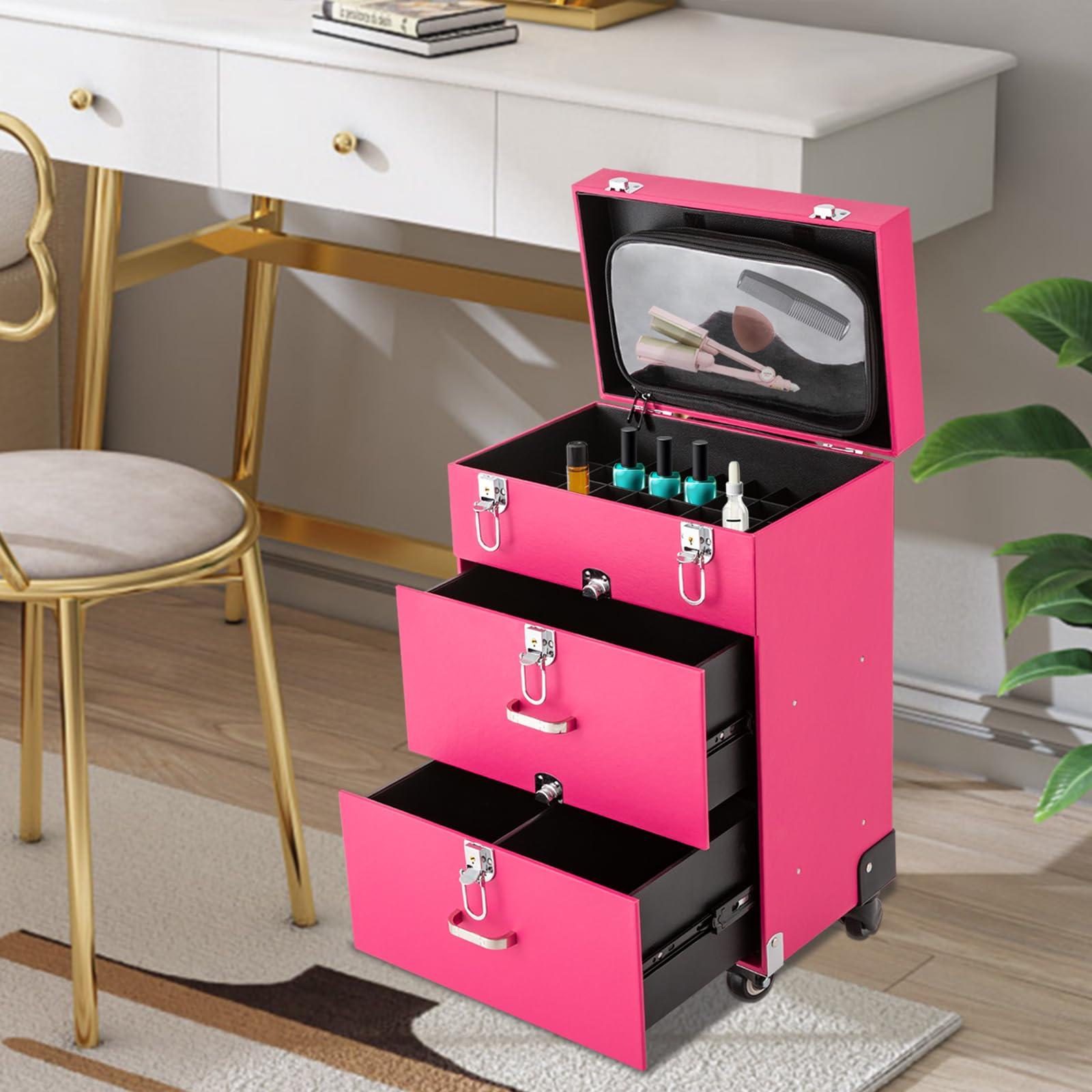 DCEHKR DCEHKR Rolling Makeup Train Case 3 Trays Cosmetology Case On Wheels Large Makeup Trolley Case Suitable for Anyone Who Loves Beauty or Nail Art/Ships in the USA (Pink)