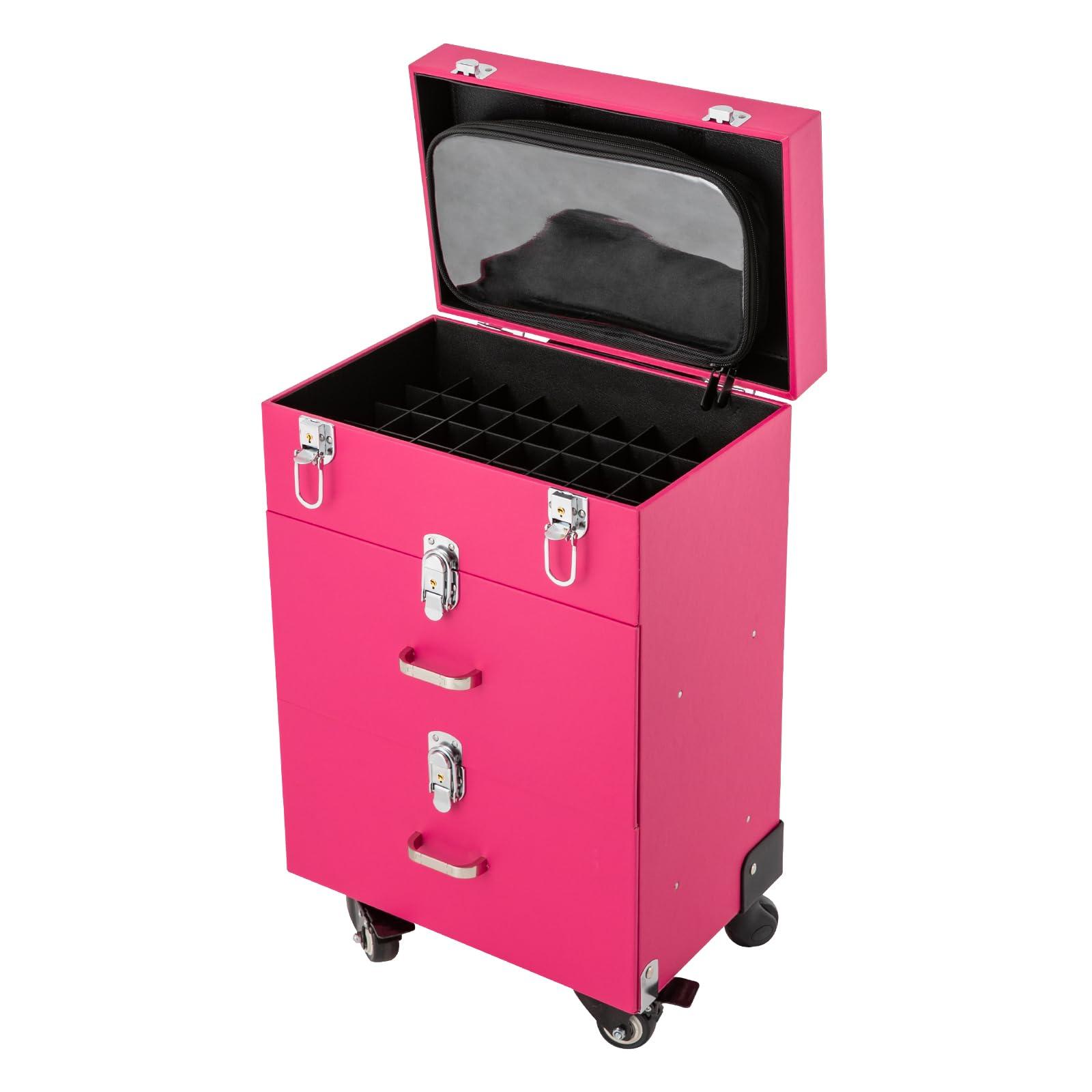 DCEHKR DCEHKR Rolling Makeup Train Case 3 Trays Cosmetology Case On Wheels Large Makeup Trolley Case Suitable for Anyone Who Loves Beauty or Nail Art/Ships in the USA (Pink)