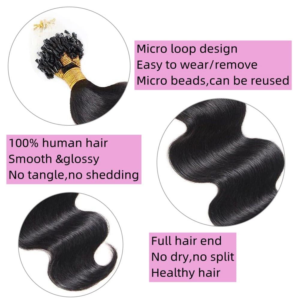 YiXing Body Wave Micro Loop Hair Extensions Human Hair 200G YiXing Microlink Human Hair Extensions for Black Women Bead Hair 200 Strands ,1G/Strand Micro Loop Ring Hair Extension Wavy Brazilian Hair 10Inch