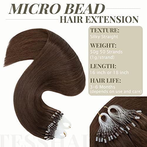 TESSHAIR TESSHAIR 16 Inch Microbead Hair Extensions Human Hair, Micro Ring Hair Extension Beads 100% Real Human Hair for Women, Natural Can be Washed Curled Dyed Permed, 50 Strands 50g #04 Medium Brown