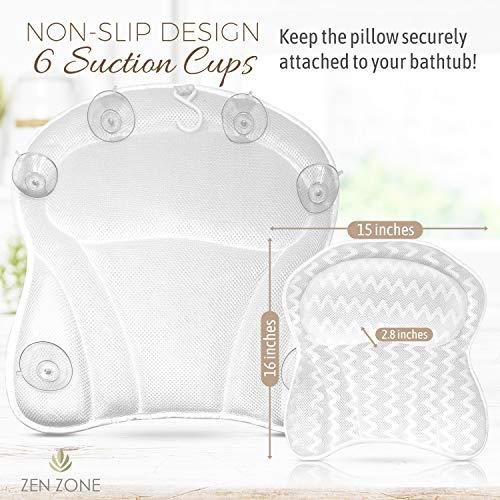 Zen Zone Luxurious Bath Pillow for Tub – Ergonomic Bath Pillow for Neck and Back Support – Bathtub Cushion for a Clean - Breathable Comfort 3D Quilted Mesh – Air Mesh Technology Supports Joints (White)