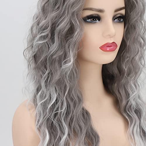 Fencca Fencca Grey Long Curly Wig Synthetic Mixed Gray Wave Curly Wigs for Women Free Part Full Curly Wig Layered Long Wavy Grey Wig