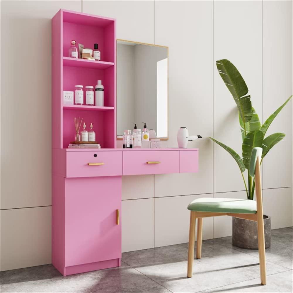 JINS&VICO JINS&VICO Wall Mount Salon Station, Barber Stations Styling Station with 3 Open Shelves, 2 Drawers and 1 Storage Cabinet, Salon Equipment Set with 3 Round Holes for Hair Dryer, Pink