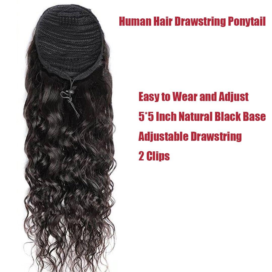 Shoobidoo Water Wave Ponytail Drawstring Ponytail Human Hair Ponytail Extension Natural Black Ponytail Extensions for Women Clip in Extensions 20 Inch