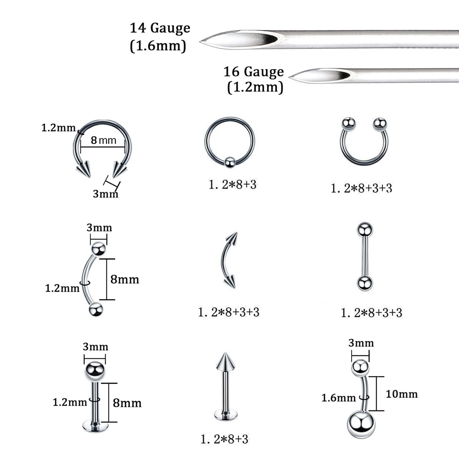 Howinn 115PCS Professional Piercing Kit for All Piercings, Piercing Jewelry for Ear Lip Belly Button Tongue Tragus Cartilage Daith Body Piercing Tools Kit with 14G 16G Piercing Needles