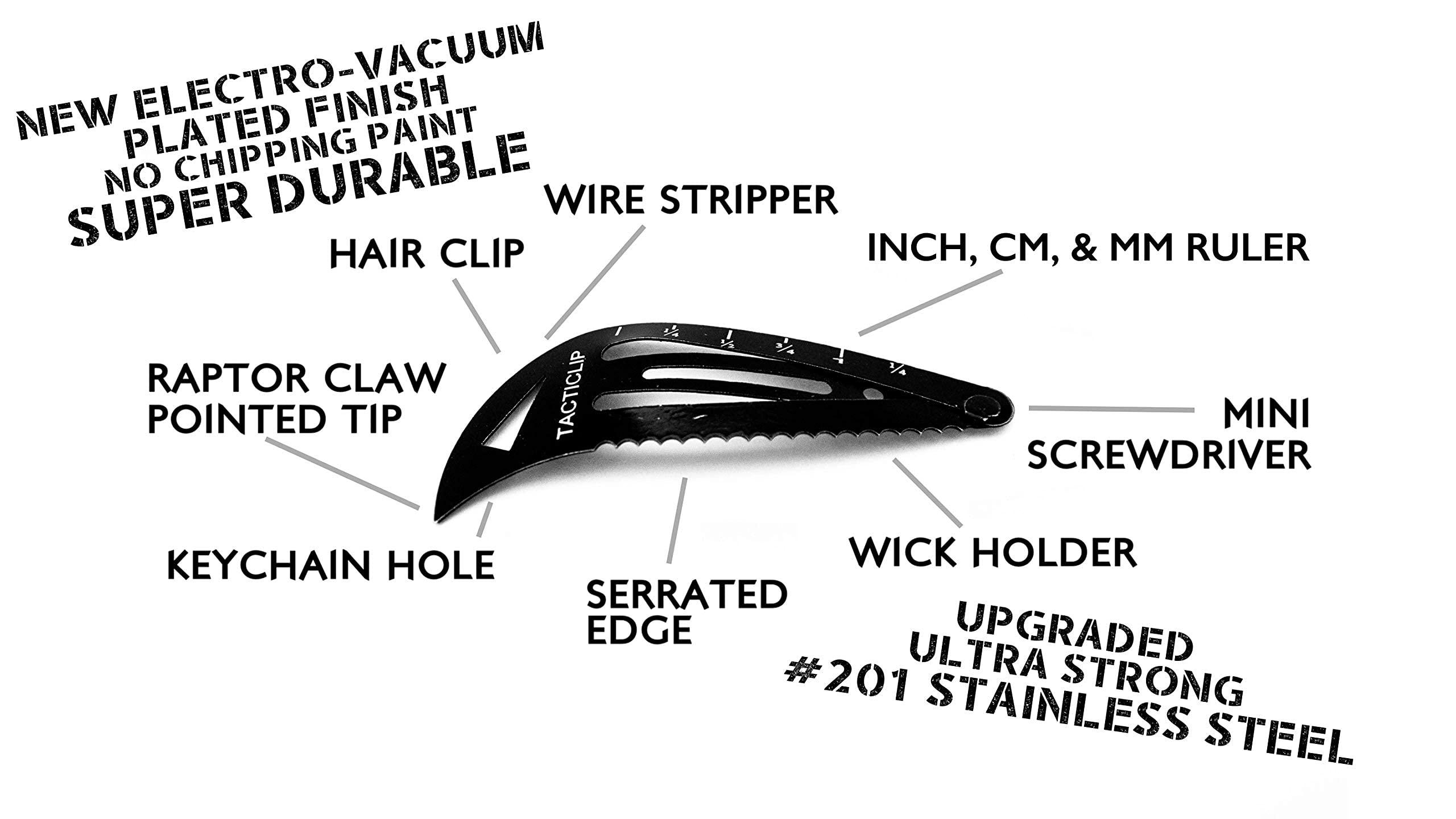 Tacticlip Tactical Hair Clips, 4 Pack - Black - Multitool Snap Barrettes - Laser Engraved, Vacuum Plated, Multi-Functional Keychain Multi Tool - Box Cutter, Serrated Edge, Raptor Claw