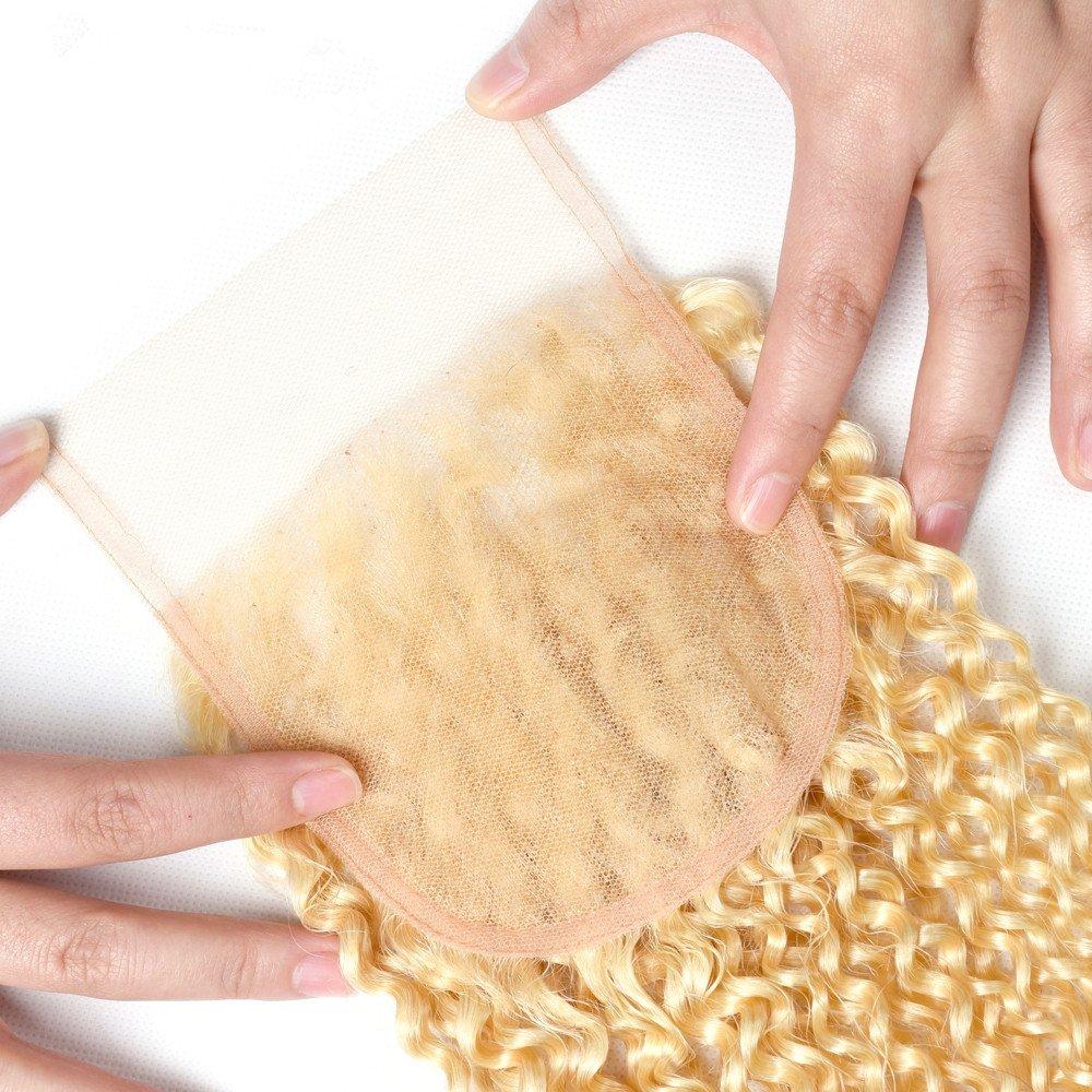 HC HC Hair Peruvian Kinky Curly 613 Blonde 3 Bundles with Lace Closure Honey Blonde Curly Blonde Human Hair Weave (20 20 20 with 18 inch)