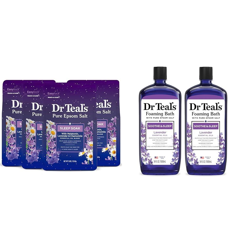 Dr Teal's Dr Teal's Epsom Salt Soak & Foaming Bath Bundle with Melatonin & Lavender, 3 lb (Pack of 4) + 34 fl oz (Pack of 2)