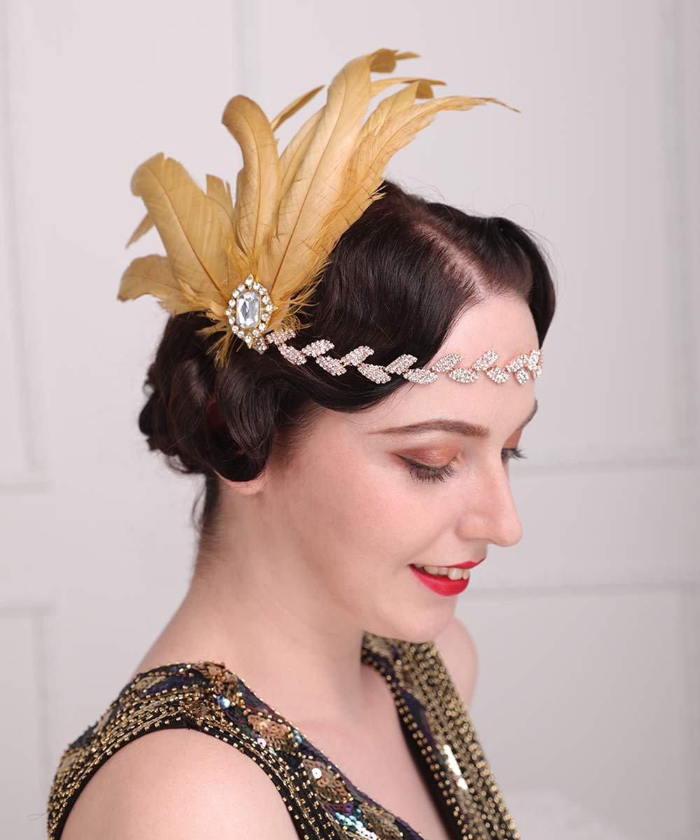 Aimimier Aimimier 1920s Flapper Peacock Feather Headband Crystal Leaf Head Chain Headpiece Prom Party Hair Accessories for Women