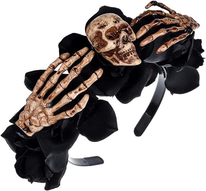 Satisyo Satisyo Gothic Halloween Skull Headwear with Skelleton Hand Headband Mexican Flower Headpiece Hair Hoop Party Costume for Women Girls (Black Rose, Skull Hand)