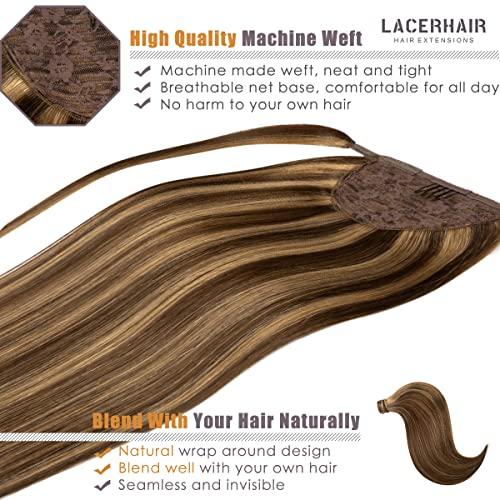 Lacer Lacer Real Hair Ponytail Extension Ombre Chocolate Brown to Caramel Blonde Pony Tails Extensions Human Hair Long Straight Wrap Around Human Hair Ponytails for Women Hair Piece 22 Inch 90g