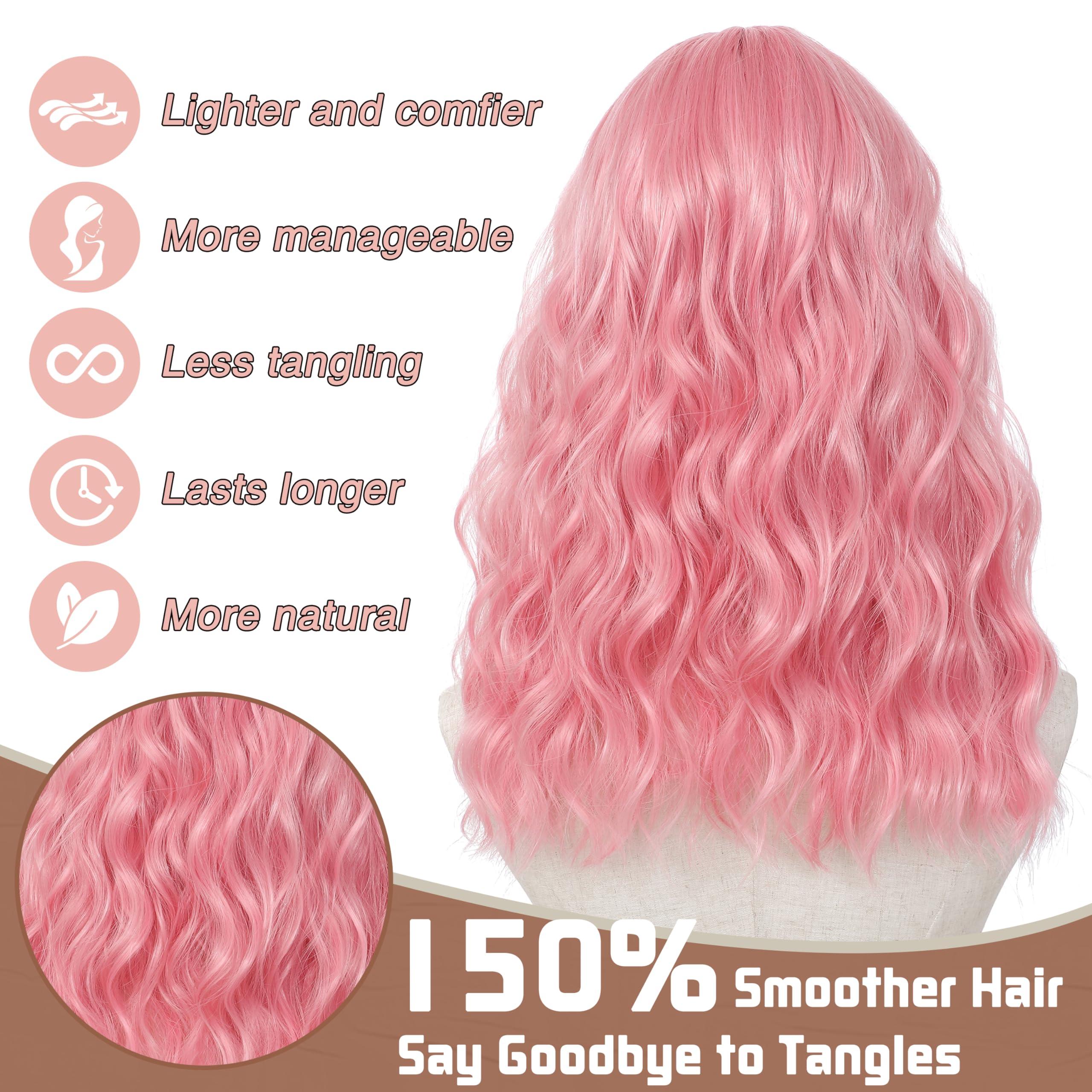 BUPPLER BUPPLER Pink Wig 18 Inch Medium Length Wigs for Women Middle Part Synthetic Hair Wavy Wig with Upgraded Strands,Natural Hair Wig for Daily Party/Halloween Use 18Inch,Pink