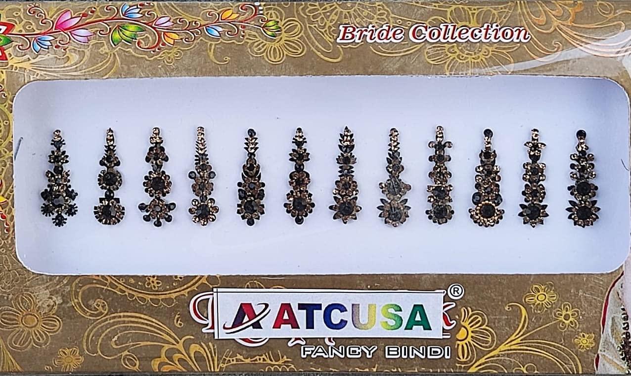 ATCUSA 12 Black long Crystal Bindi Bridal face Jewels Forehead Tika Indian Bindis for women bindi Indian multicolor round long small gold (Long 12 bindi - Black color)