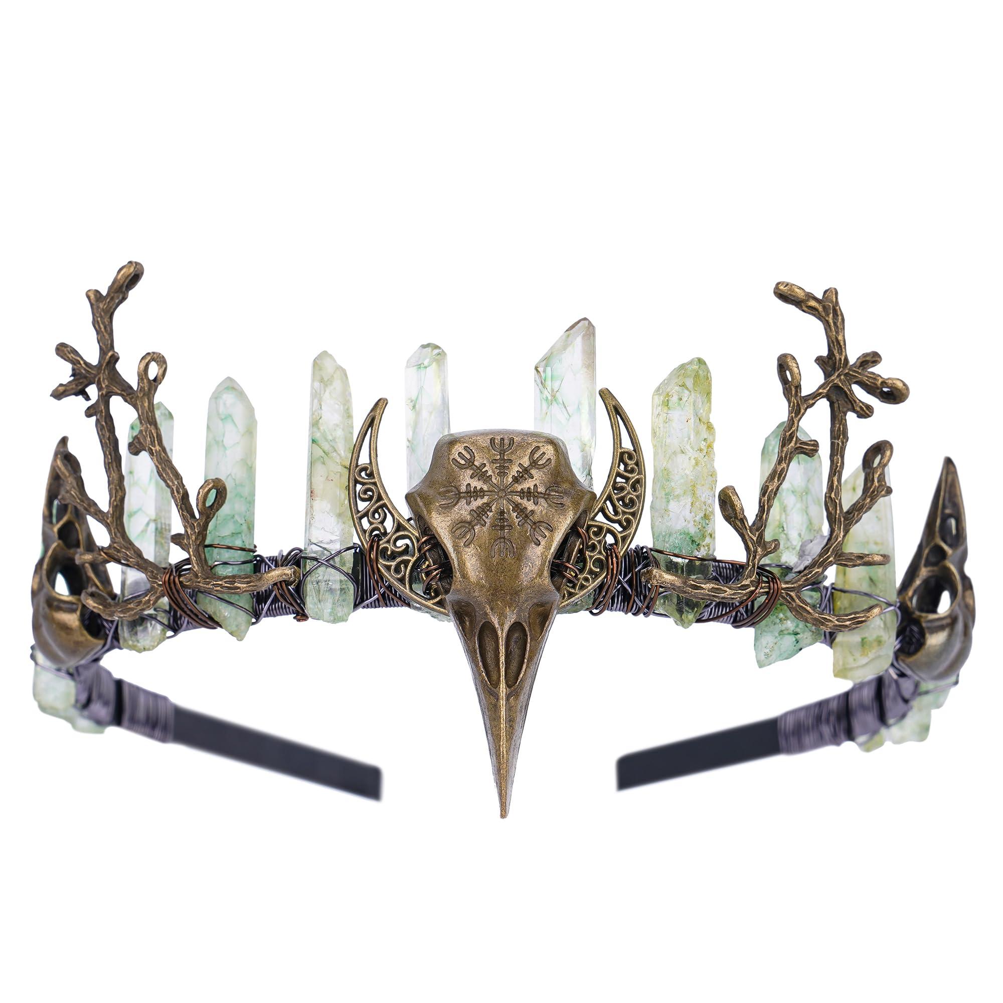 CoTeeZa CoTeeZa Green Fairy Crystal Crown - Handmade Raw Quartz Tiara with Bronze Crow Branch Moon Elf Headpiece Fantasy Forest Witch Crown Wedding Renaissance Halloween Cosplay Woodland Headband