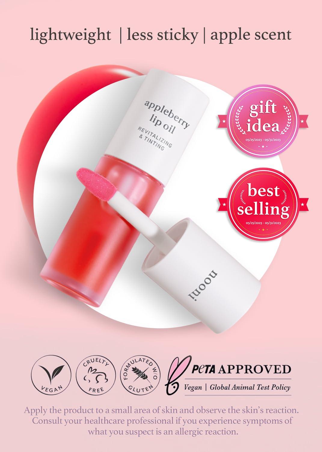 NOONI NOONI Korean Vegan Lip Oil Bundle - Appleberry&Applefig | Lip Stain, Gift, Long-Lasting, Moisturizing, Plumping, Revitalizing for Dry Lips