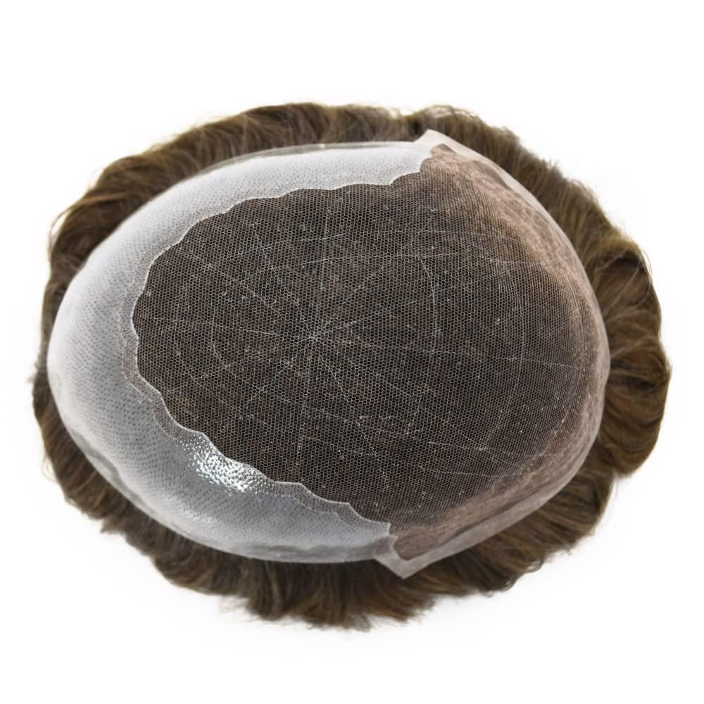 Just Hair Toupee for Men Hair Replacement Systems Swiss Lace Front Mens Toupee Bleached Knot Natural Human Hair Piece (5# Medium Light Brown, 7x9\"-90% Light Density)