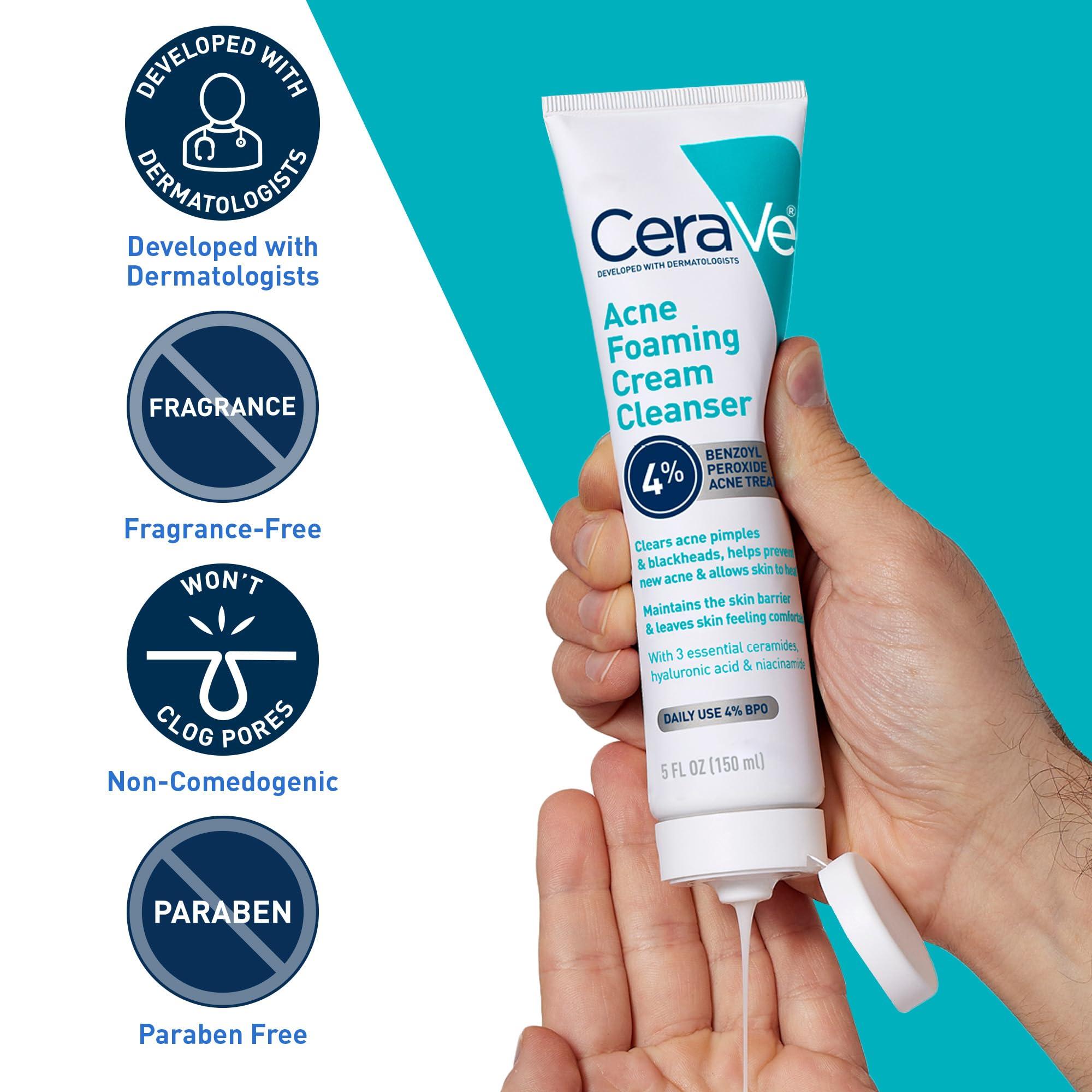 CeraVe CeraVe Acne Foaming Cream Cleanser, 4% Benzoyl Peroxide Face Wash With Hyaluronic Acid, Niacinamide & Ceramides, Gentle Daily Acne Treatment For Face