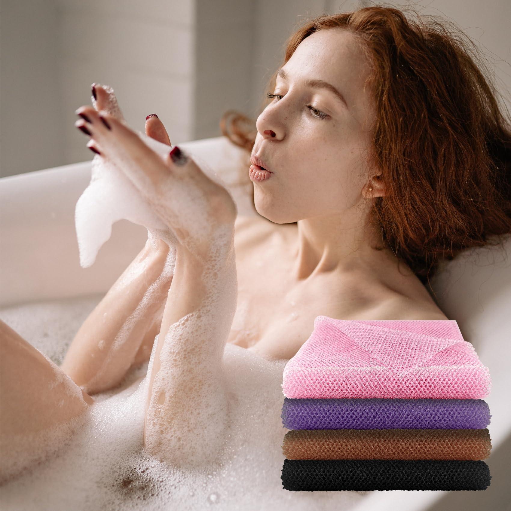 QIANCAIWANG 2 Pack African Net Sponge, 8 * 25 Inches Bath Sponge, African Exfoliating Net Long, Wash Cloths, Body Scrubber Net for Skin Smoother (Purple)