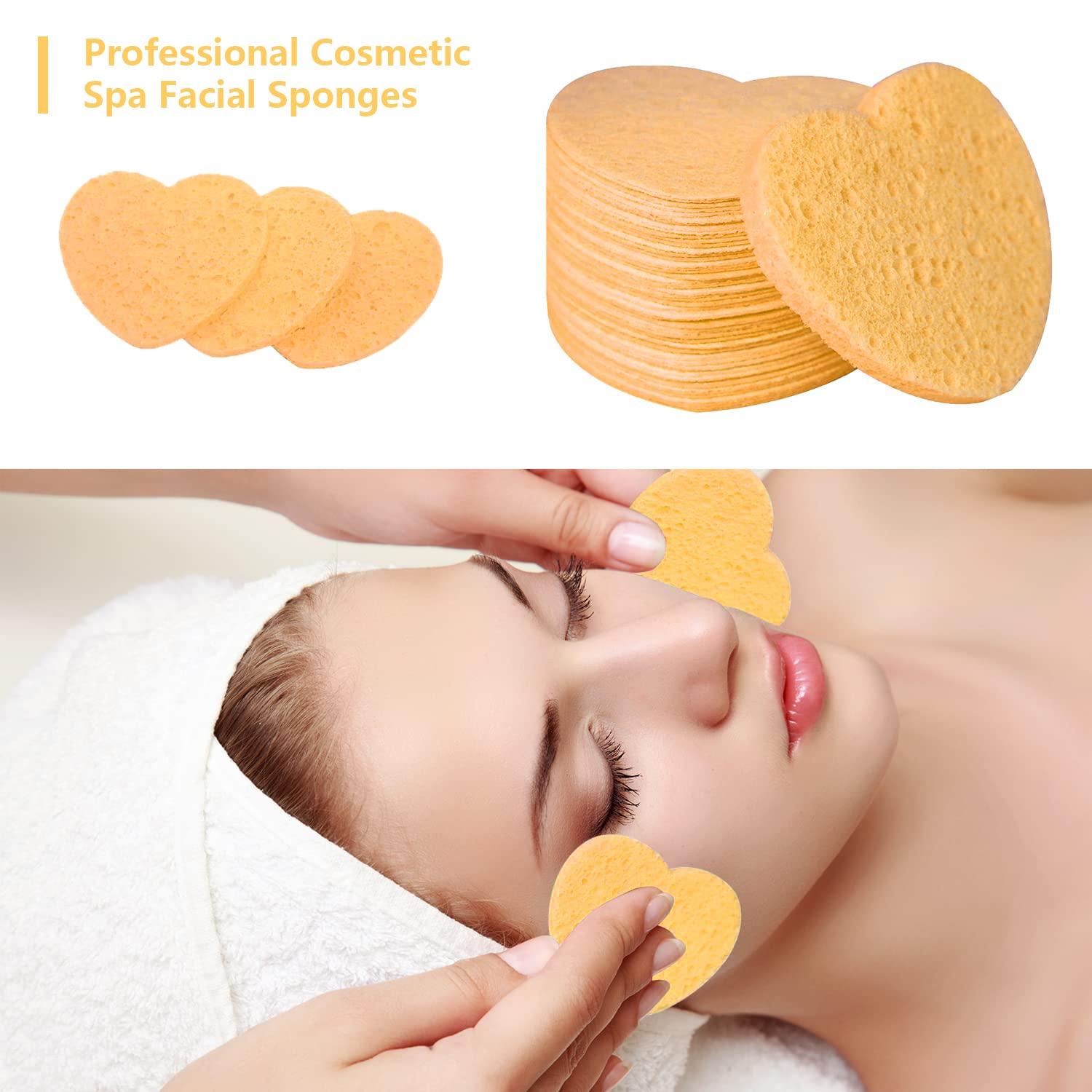 Spunspon 100-Count Compressed Facial Sponges for Estheticians Heart Shape Natural Cellulose Sponge Cosmetic Spa Sponges for Face Cleansing, Massage, Pore Exfoliating, Mask, Makeup Removal, Deep Yellow