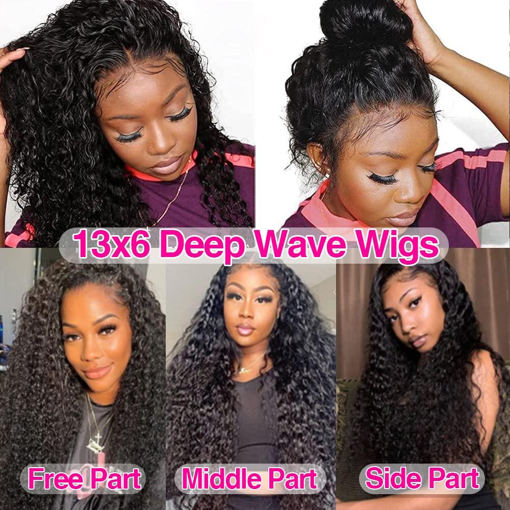 CHEETAHBEAUTY CHEETAHBEAUTY Deep Wave 13X6 HD Transparent Lace Front Wigs Brazilian 10A Grade Deep Curly Human Hair Wigs for Black Women Pre Plucked with Baby Hair Natural Black 180% Density (16inch)