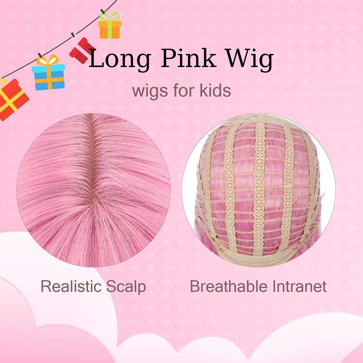 WAVELNM WAVELNM Pink Wigs for Kids Girls Long Light Pink Wig with Bangs Childrens Long Straight Wig Kids Daily Halloween Party Cosplay Wigs