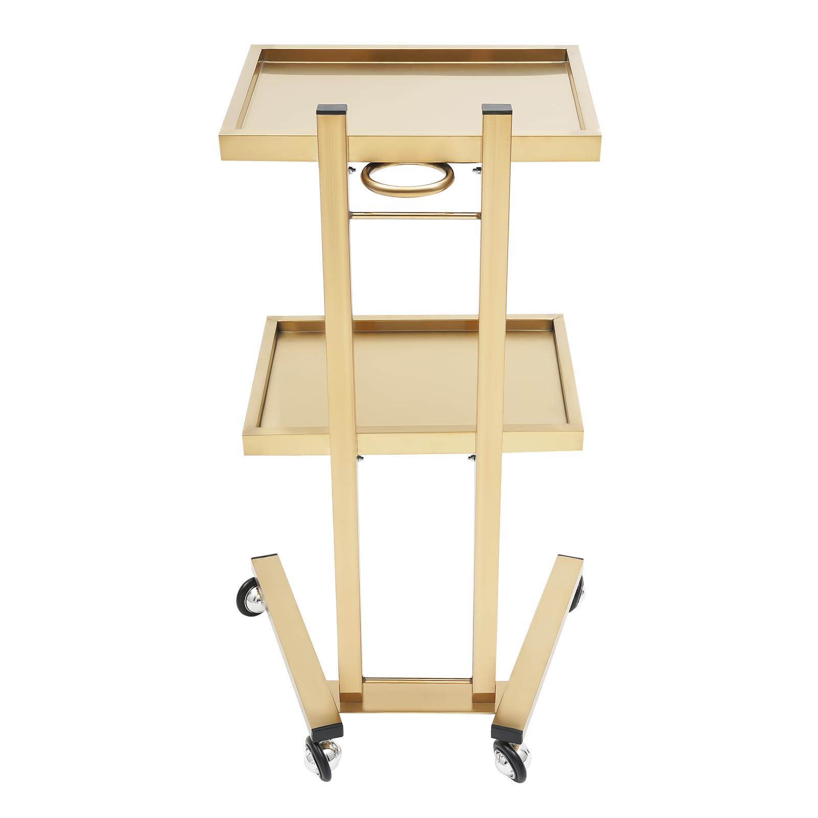 Pinelicorn 2 Tier Metal Rolling Cart, Stainless Steel Salon Tray with Wheels, Foldable Utility Carts, Folding Salon Tray Trolley, Rolling Tray Salon Trolley for Tattoo (Golden)