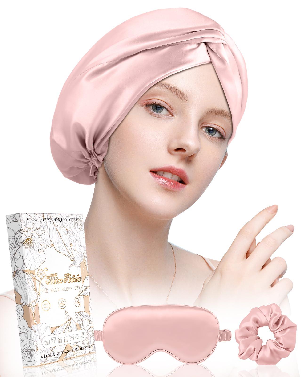 Miss Adola Miss Adola Silk Bonnet for Women - Mulberry Silk Sleep Cap for Hair Care with Eye Mask & Scrunchie 19 Momme Night Cap Sleeping Set with Elastic Stay On Head, Light Pk