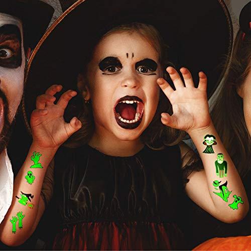 Fanoshon Fanoshon Halloween Glow in the Dark Temporary Tattoo for Kids Girls Boys, 16 Sheets Fake Small Luminous Adults Body Stickers, Goody Bags Fillers Trick Or Treat Favors, Pumpkin, Skull, Spider Supplies