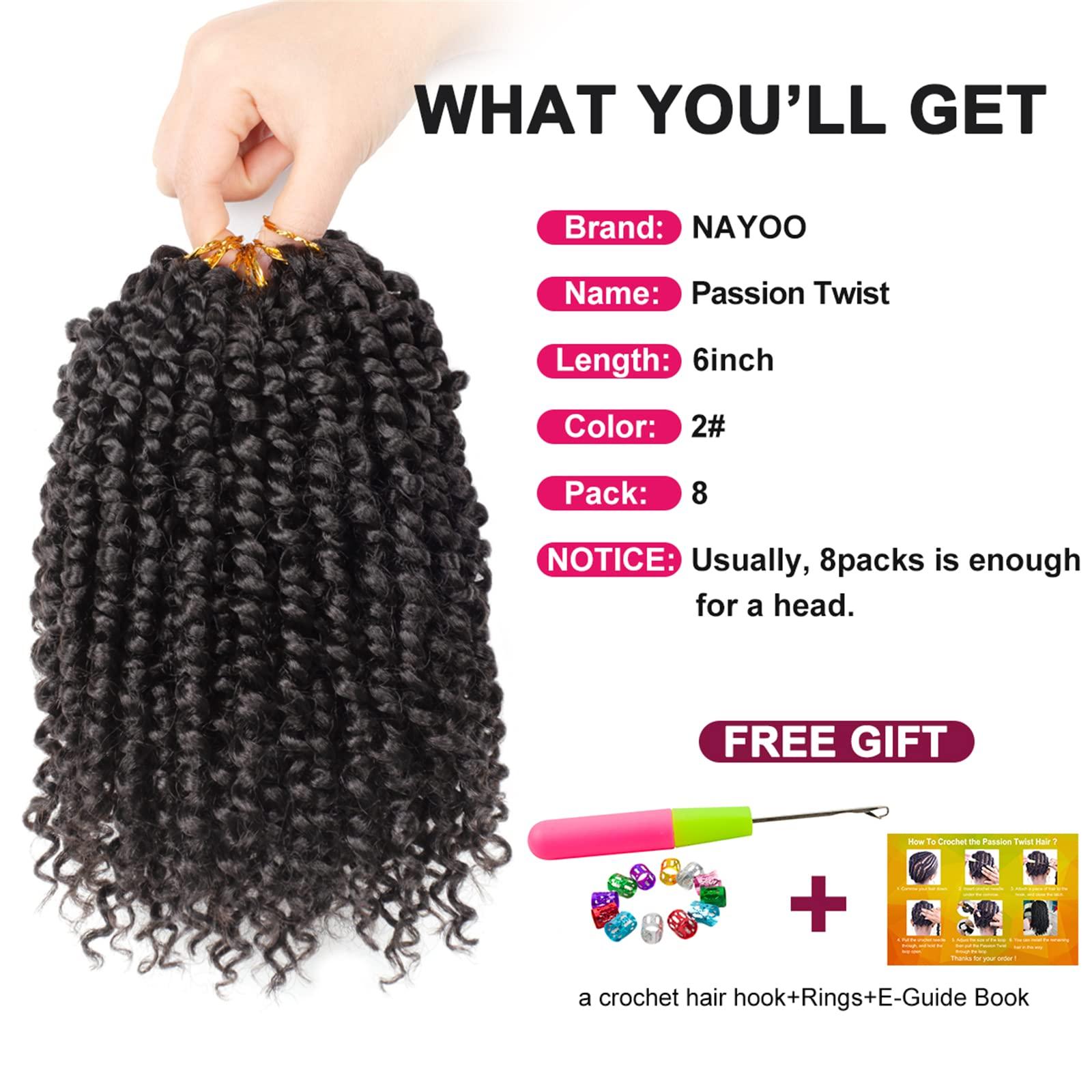 NAYOO Passion Twist Hair For Kids - 8 Packs 6 Inch Passion Twist Crochet Hair For Black Women, Crochet Pretwisted Curly Hair Passion Twists Synthetic Braiding Hair Extensions(6 Inch 8 Packs, 2)